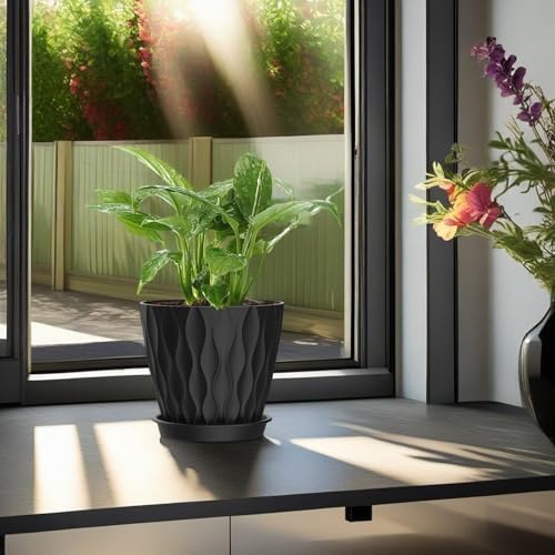 4 Inch Plant Pots, 6 Pack Indoor Flower Pots, Planters with Drainage Holes and Trays for Orchids, Violets, Succulents, Herbs, and Other Plants, Black