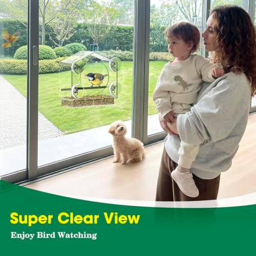 2Pcs Window Bird Feeder, Clear Acrylic Bird Feeder for Outside Window, Strong Suction Cups, Easy Fill & Clean Tray, Wild Bird Watching Gift for Nature Lovers (Large + Small)