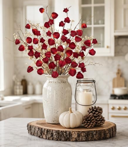 Oairse Artificial Chinese Lantern Flowers Stems - 6 Pcs Artificial Physalis Stems Faux Plants 29.5" Bendable Dark Red Fake Fall Berry Branches for Vase Bouquets Wedding Home Office Halloween Decor