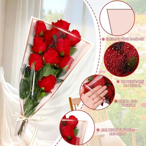Jansun 40Pcs Pink Bouquet Wrapping Sleeves & Ribbon Set