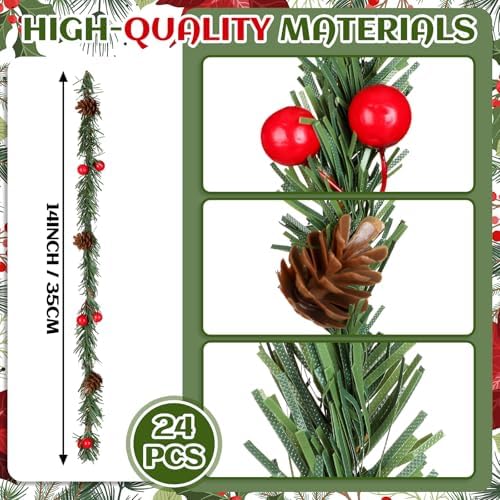 Jutom 24 Pcs Christmas Garland Ties 13.7" Christmas Garland Twist Ties with Red Berries and Pine Cones Xmas Artificial Pine Garland for Christmas Decoration Craft Gift Wrapping Holiday Banister Decor