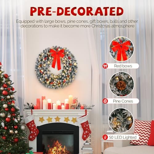 VINGLI 24" Battery Operated Pre Lit Christmas Wreath with 50 LED Lights