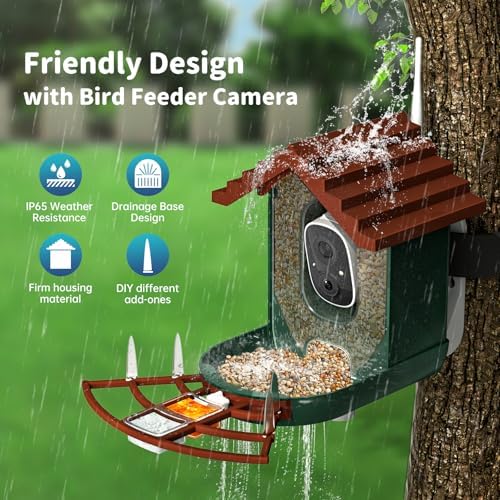 Smart Bird Feeder with Camera Solar Powered & AI Bi rd Identification, 2.4Ghz WiFi Bird feeders for Outdoors, 2K Live Video, Instant Arrival Alerts - Dark red-Green