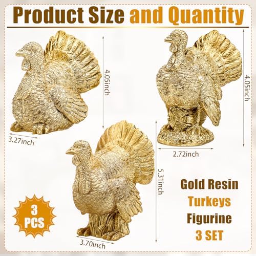 VioraWhite 3 Pack Fall Thanksgiving Turkey Decor Gold Resin Turkey Figurine