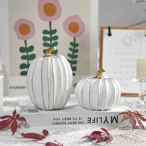 AOMOONOA Fall Pumpkin Decor,White and Gold Thanksgiving Decorative Pumpkin