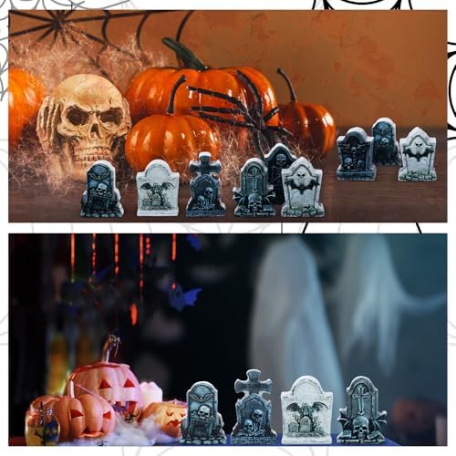 Kathfly 9 Pcs Halloween Tombstones Figurine Mini Village Tombstone, Spooky