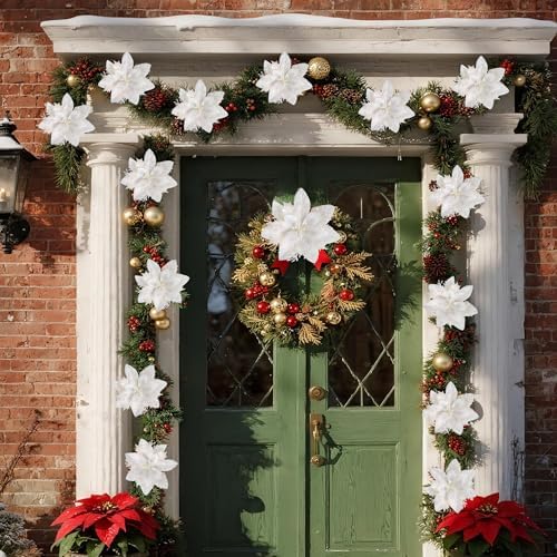 Childom 15 PCS White Poinsettia Flower Artificial Poinsettias with Clips Christmas Decorations Glitter Poinsettia Christmas Ornaments Xmas Tree Flowers with Stems DIY Xmas Wreath Holiday Party Decors