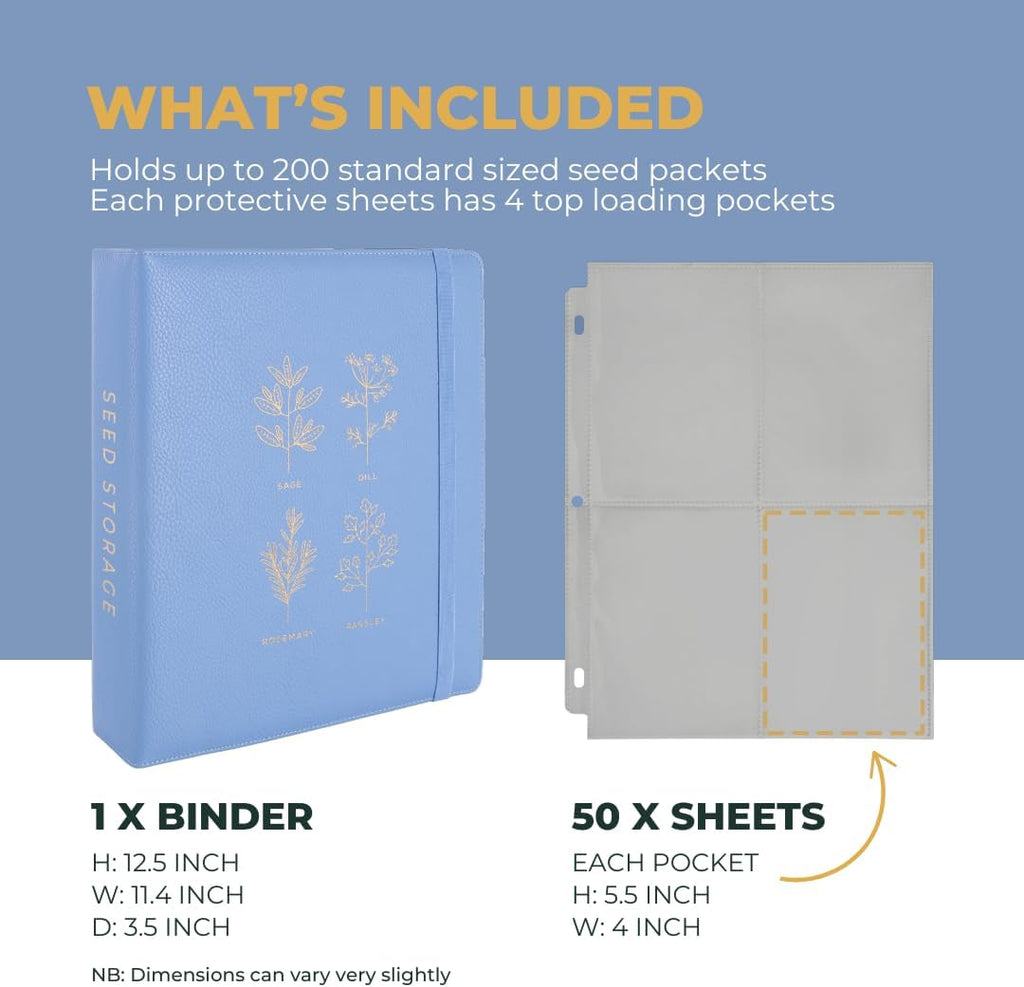 Wildgoose Seed Binder - Garden Seed Packet Organizer, Storage Book, Blue | 50 sheet protectors hold 200 envelopes