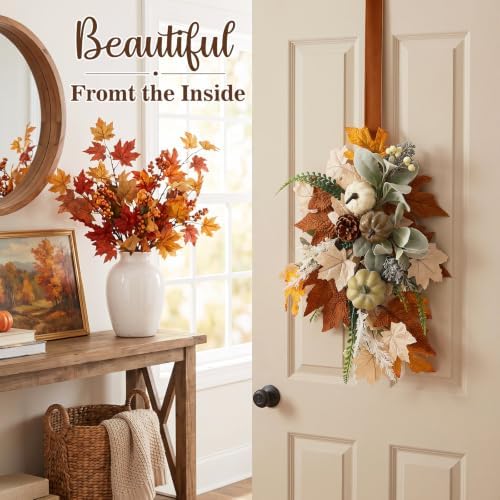 Dingion Fall Pumpkin Door Wreath Teardrop Swags with Maple Leaves Pine Cone