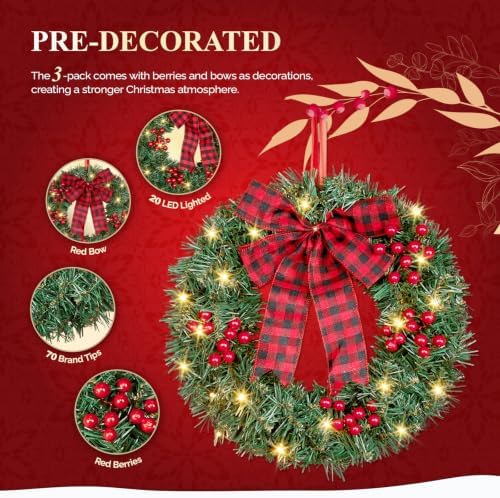 VINGLI 14 Inch Solar Christmas Wreath 3 Pack with 60 LED Lights, Red Bow