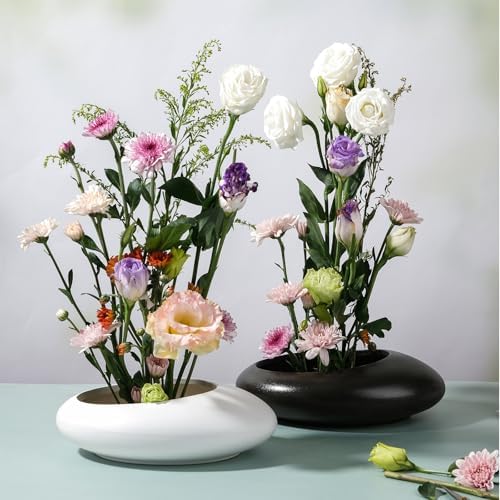 8 Inch Ikebana Vase with Flower Frog Black Ceramic Bowl Vases with Gold Stem Holder and Kenzan Straightener Japanese Pebble Shaped Floral Arrangement Bowl for Home Decor