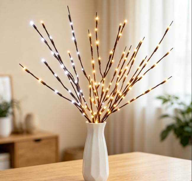 DK177 1Pack Warmlight + 1Pack Whitelight Led Branch Light Battery Operated Lighted Branch Vase Filler Willow Tree Artificial Little Twig Power Brown 30 Inch 20 LED for Home Decoration