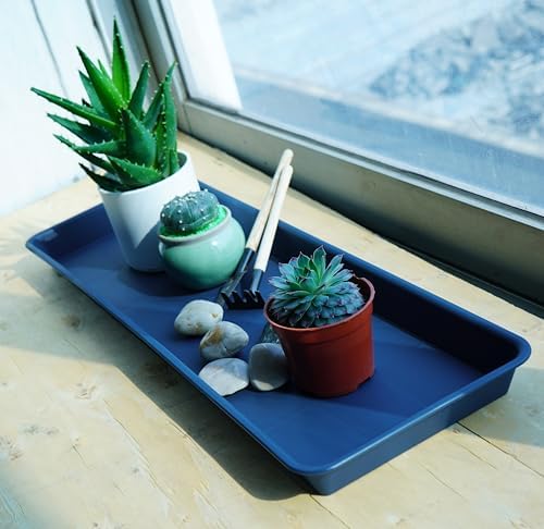 VUWEZ 2 Pack Plastic Plant Saucer, Rectangular, Indoors Outdoor, Drip Tray for Flower Pot, Windowsill (6 X 11 Inch, Blue)