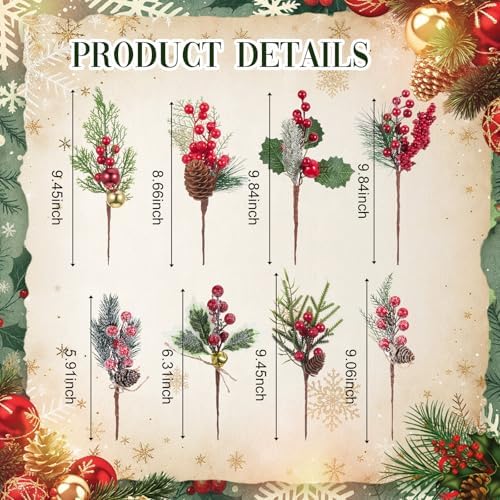 WILLBOND 24 Pcs Artificial Christmas Tree Picks Red Berry Pine Picks Spray Berry Branches Poinsettia Holly Pine Flower Pick Berries Pinecones for Christmas Crafts Party Festive Home Decor (Novel)