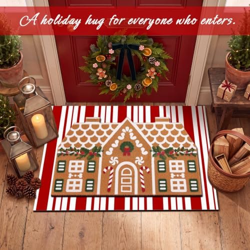 Tinideya 2 Pcs Christmas Layered Doormat Set, Gingerbread House