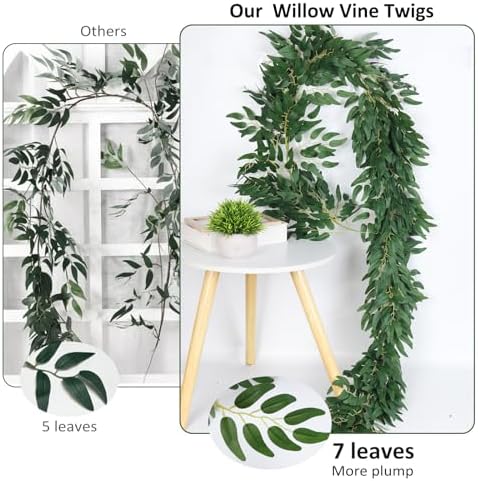 RECUTMS 2P Artificial Willow Leaves Vine Twig 6.2Ft Thick Silk Leaf Garland
