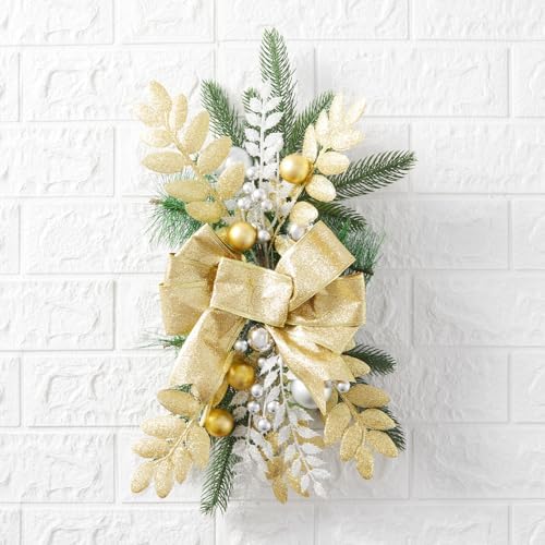 Christmas Swag Wreath for Staircase, Christmas GlitterTeardrop Decorations with Bow Swag Trim for Front Door Wall Window Indoor Outdoor (Gold, 60cm*30cm)