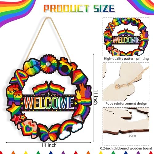 Pride Decorations Pride Month Wreath for Front Door Wooden Gay Pride Rainbow Sign Hollow Hanger Wall Art Everyone is Welcome Here Love Decor for Pride Ally Home Office LGBT Classroom Party Porch Yard