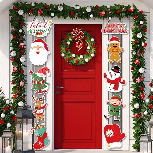 CroBlissful 2 Sets Christmas Porch Sign Santa Snowman Elf Door Banner