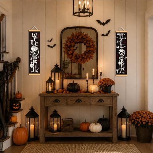 Skeleton Halloween Door Banner Set of 2, Welcome Porch Decor for Home