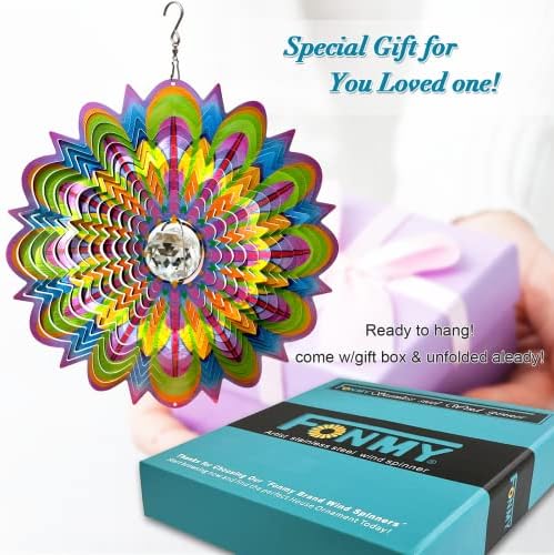 FONMY Mandala Wind Spinner w/Crystal Ball-Bloosom 3D Stainless Steel Suncatcher Hanging Spinners Worth Gift Christmas Decoration Indoor/Outdoor Garden Décor Kinetic Yard Art 12 Inches Wind Sculpture