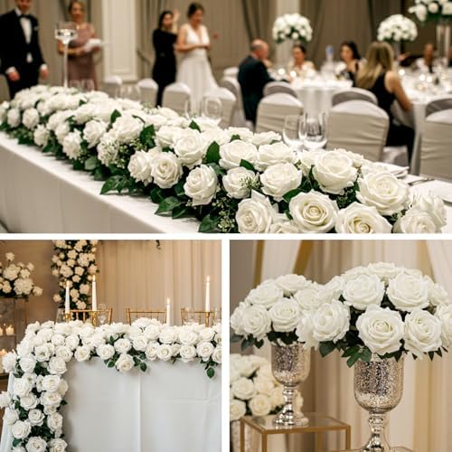 Auihiay 64PCS White Roses Artificial Flower, Fake Silk Roses