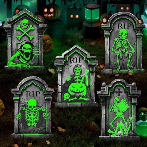 25.2in Halloween Tombstones Outdoor Decor Glow in The Dark - 5PCS Large Tombstones for Graves Halloween Gravestones Decorations Yard Signs