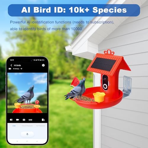 Bird Feeder with Camera - 4K HD Live View, Smart Bird Feeder Solar Powered, AI Recognition Auto Capture Video, 3-in-1 Feeding & Bathing & Hummingbird, Outdoor Garden Bird House (Red)
