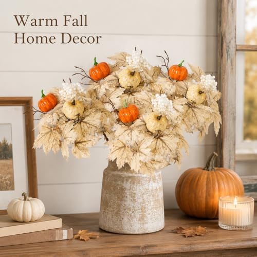 6 Pcs Fall Pumpkin Floral Picks, Artificial Maple Leaf Berry Stems, Thanksgiving Wreath Centerpiece Vase DIY Decorations