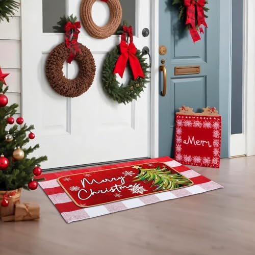 Tinideya 2 Pcs Christmas Door Mat Outdoor Whimsical Xmas Tree Front Doormat Nonslip Red and White Buffalo Plaid Layered Linen Rubber Xmas Rugs Merry Christmas Decor for Front Porch Entryway Outside