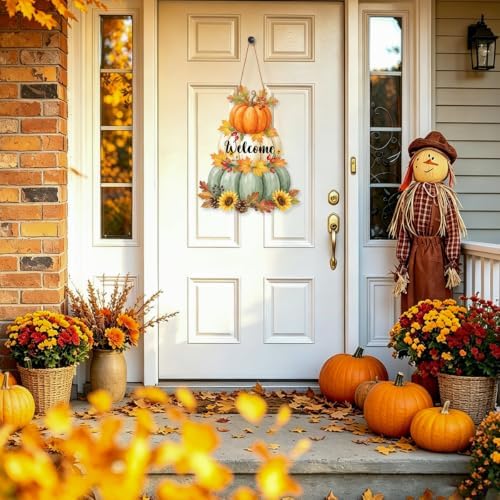 Fall Welcome Wreath Sign Wooden Pumpkins Maple leaves for Front Door