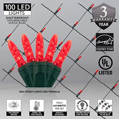 Wintergreen Lighting 100 M5 Red LED Net Lights, 4 x 6 ft Green Wire Indoor/Outdoor Commercial Grade Holiday & Valentine’s Day Hedge and Outdoor Christmas Decor