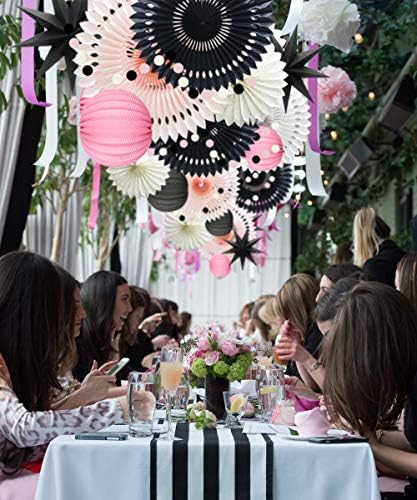 10-Piece Pink and Black Party Decorations, White Paper Fans