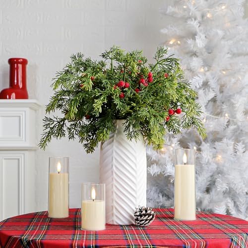 40PCS Christmas Artificial Pine Branches Frosted Berry Stems Fake Evergreen Norfolk Cypress Sprigs Holly Berries Winter Greenery Picks for Vase Filler DIY Craft Garland Home Decor (Green & Red)