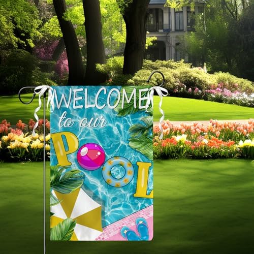Welcome to Our Pool Garden Flags 12x18 Inch for Outside Summer Pool Party Decor Yard Flag Green Banana Leaves Farmhouse Garden Flag Double Sided for Yard Outdoor Decorations