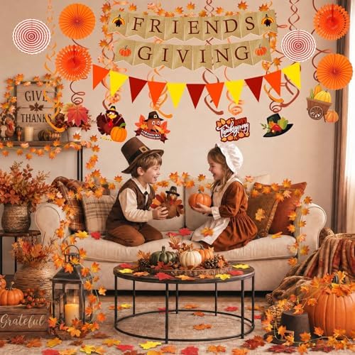 Famoby FRIENDSGIVING Paper Banner Triangular Bunting Maple Leaf Garland Plastic Streamer Paper Fans for Autumn Harvest Thanksgiving Day Party Decoration (Not Burlap)