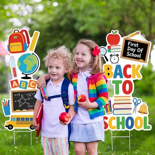 2 Pieces Back to School Yard Signs Large First Day of School Lawn Sign with Stakes Outdoor School Decorations Waterproof Lawn Stakes for Garden Lawn Yard Party Decoration and Supplies