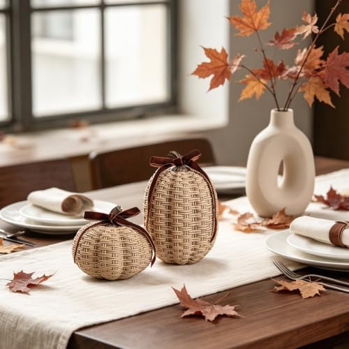 DN DECONATION Fall Pumpkin Decor, Fake Rattan Pumpkin Decorations for Home