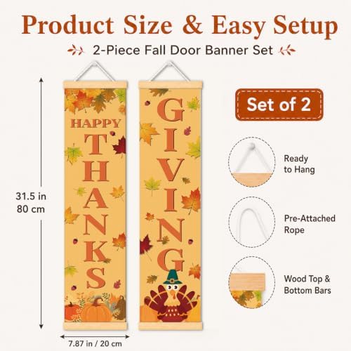 Happy Thanksgiving Door Banner Set of 2, Turkey Leaf Porch Decor for Home