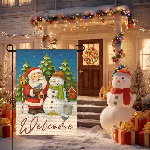 IVN Christmas Santa Snowman Welcome Garden Flag 12x18 Inch Yard Decor