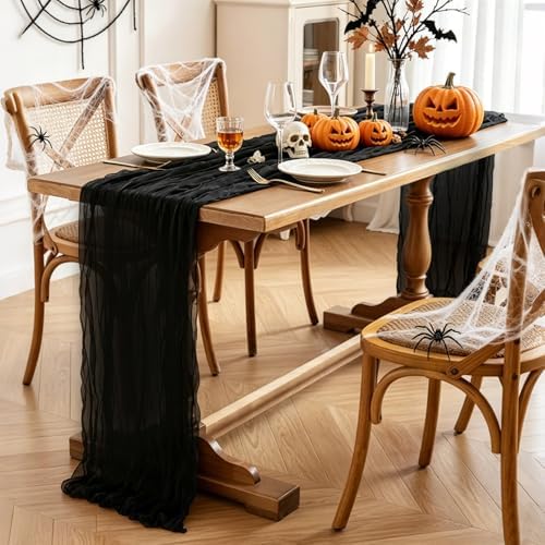 3Pcs Black Table Runner, 10FT Black Cheesecloth Halloween Table Runner 35*120inch Boho Runner for Halloween Indoor Table Kitchen Party Decorations