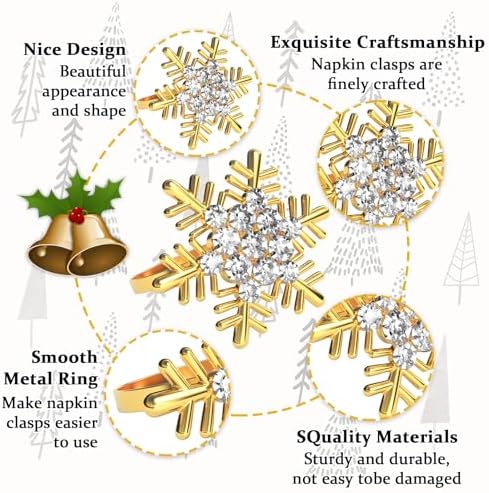 Halatool Christmas Napkin Rings Set of 12, Gold Snowflake with White Rhinestone Napkin Holder for Christmas Thanksgiving Winter Holiday Place Setting, Weddings, Party Table Decoration