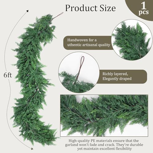 Hananona 6 FT Christmas Garland, Real Touch Cedar Garlands, 1 Pcs