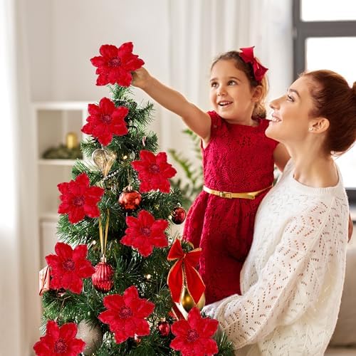 Sggvecsy 10Pcs Christmas Glitter Flowers Christmas Tree Ornaments Artificial Poinsettia Flower Velvet Magnolia Stems Floral Picks for Xmas Wedding DIY Crafts Wreath Party Floral Decorations (Red)