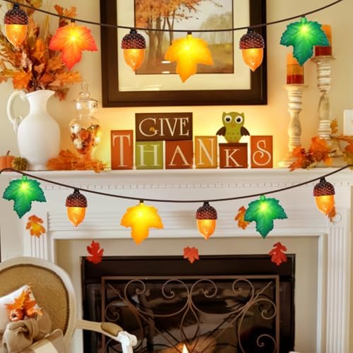 Couah Fall Decor String Lights, 8.5 FT 3D Maple Leaf & Acorn Lights with 10 LED Plug in Fall String Lights for Indoor and Outdoor Home Bedroom Autumn Party Harvest Fall Decorations
