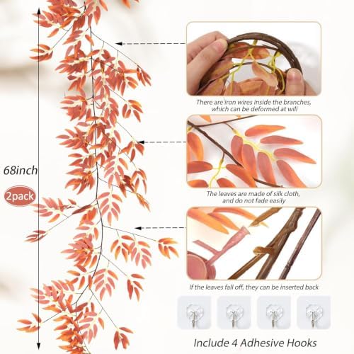 RECUTMS Artificial Silk Willow Leaves Vine Twig 2Pc 5.7Ft Fall Ivy Garland