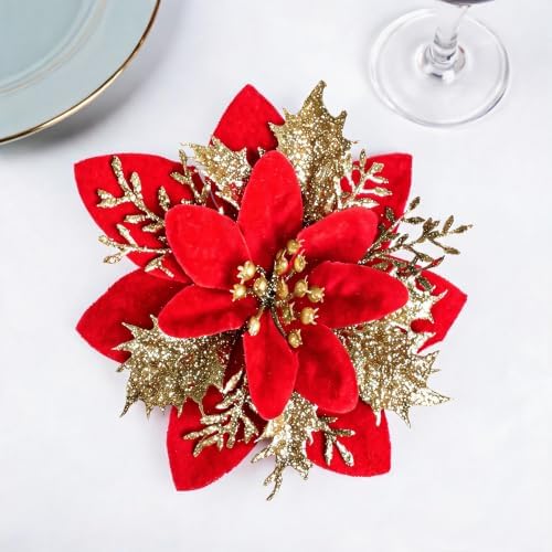 30PCS Artificial Christmas Poinsettia Flowers with Clips and Stems, 5.5 Inch Glitter red & Gold Xmas Tree Decorations, Holiday Poinsettia Picks Ornaments for Christmas Tree, Wreaths, Garlands & Home