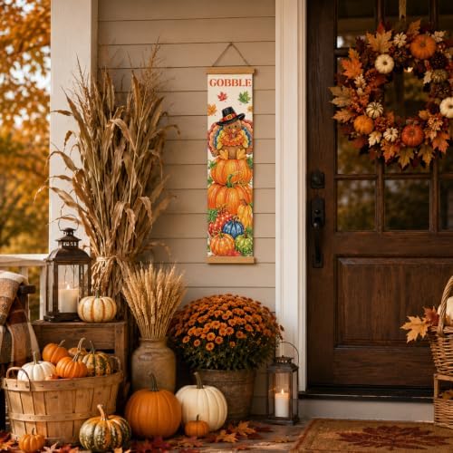 Fall Wall Hanging Decor, Gobble Turkey Canvas Banner for Harvest Party