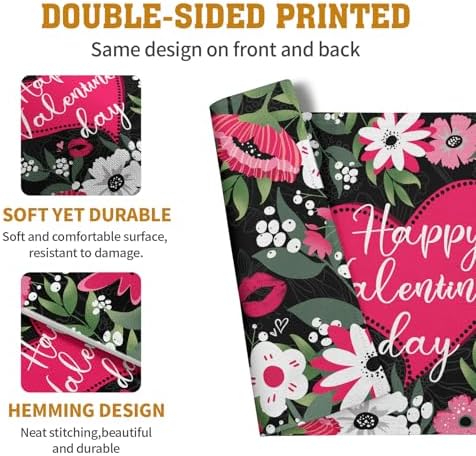 Happy Valentine's Day Placemats Set of 4 Valentine Flowers Love Heart Place Mats Pink Red White Floral Linen Table Mats Seasonal Black Placemat for Anniversary Wedding Party Kitchen Dining Decor