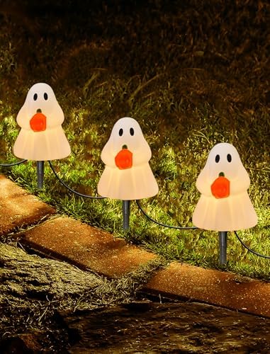 Halloween Ghost Pathway Lights, 7Ft Ghost Pathway Decoration Lights with 4 Clear C7 LED Bulbs, Ghost Pathway Extendable Pathway String Light for Halloween Holiday Outdoor Pathway Garden Walkway Decor
